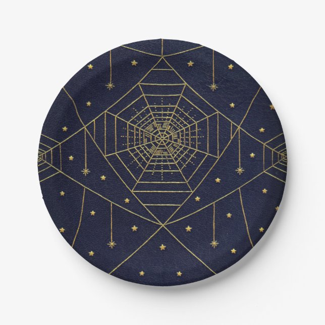 Spiderweb spider and stars black and gold paper plate (Front)