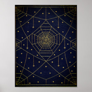 Spiderweb spider and stars black and gold poster