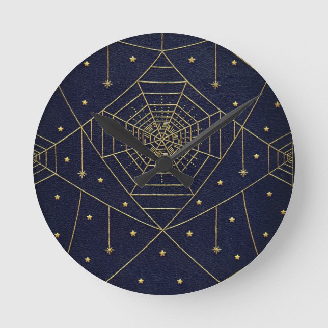 Spiderweb spider and stars black and gold round clock (Front)