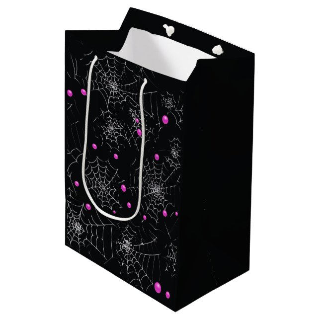 Spiderwebs and Dots Modern Black Halloween Medium Gift Bag (Front Angled)