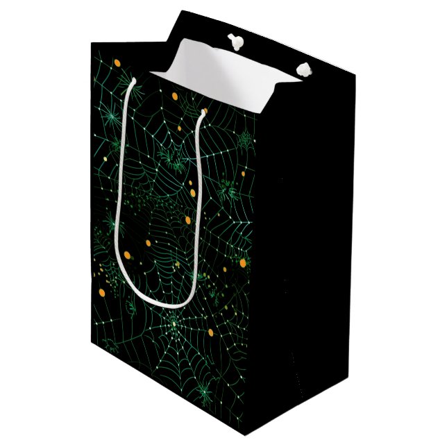 Spiderwebs and Dots Modern Black Halloween Medium Gift Bag (Front Angled)