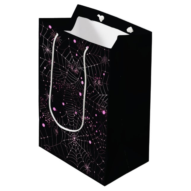 Spiderwebs and Dots Modern Black Halloween Medium Gift Bag (Front Angled)