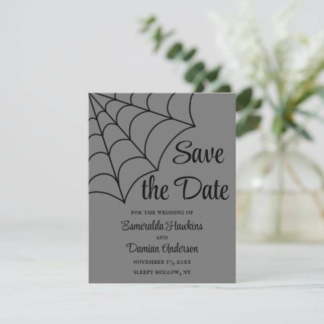 Spiderwebs Black and Grey Gothic Save the Date Invitation (Standing Front)