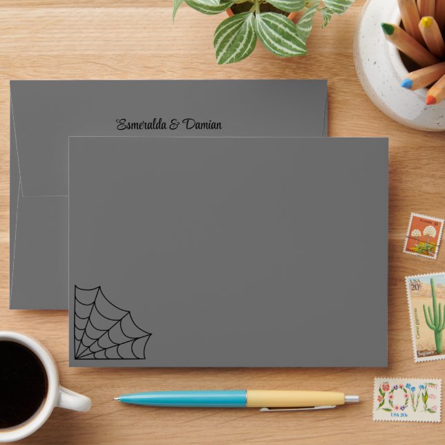 Spiderwebs Black and Grey Gothic Wedding Envelope (Desk)