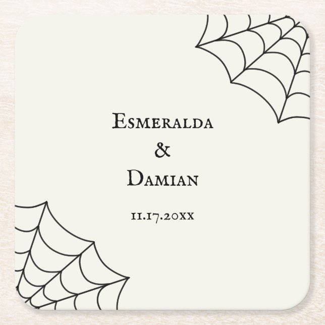 Spiderwebs Black and White Gothic Wedding Square Paper Coaster (Front)