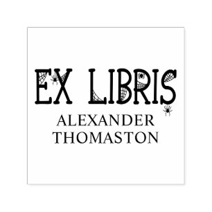 Spiderwebs with Hanging Spiders on Ex Libris Text Self-inking Stamp