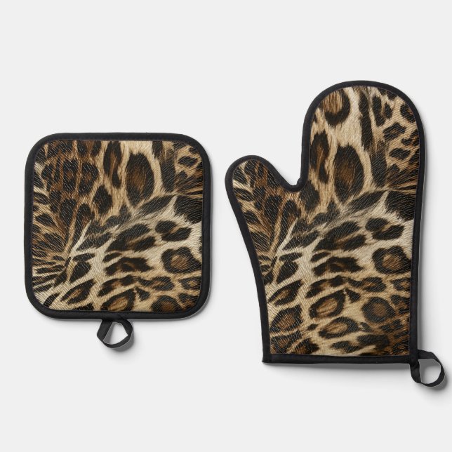 Spiffy Leopard Spots Leather Grain Look Oven Mitt & Pot Holder Set (Front)