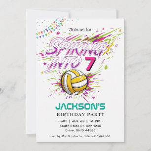 "Spiking Into 7" Neon Volleyball Birthday Invitation