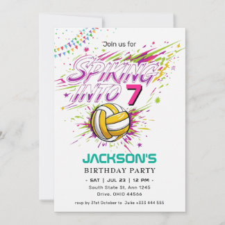 "Spiking Into 7" Neon Volleyball Birthday Invitation