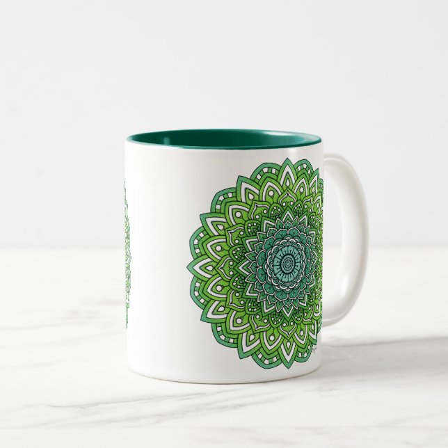 Spiky Green Flower Mandala Two-Tone Coffee Mug (Front Right)