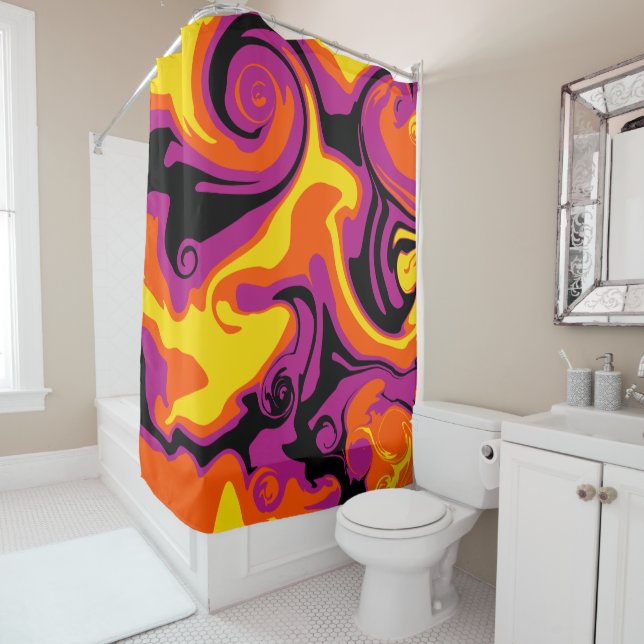 Spill - Orange, Black, Pink and Yellow Shower Curtain (In Situ)