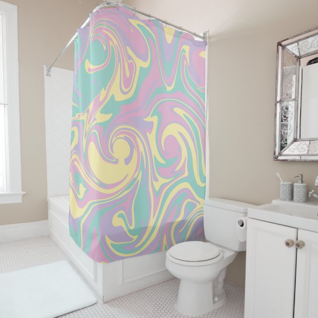 Spill - Pastel Pink, Yellow, Purple and Green Shower Curtain (In Situ)
