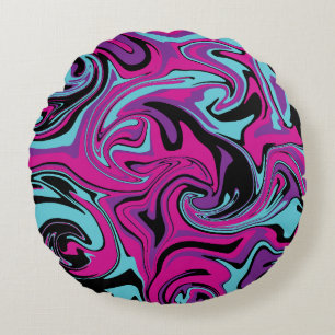 Spill - Pink, Purple, Blue and Black Round Cushion