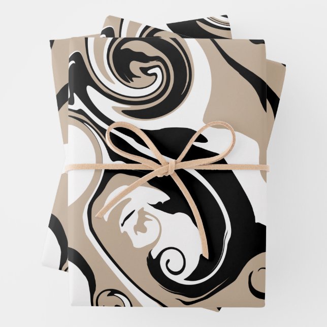 Spill - Taupe, Black and White Wrapping Paper Sheet (In situ)
