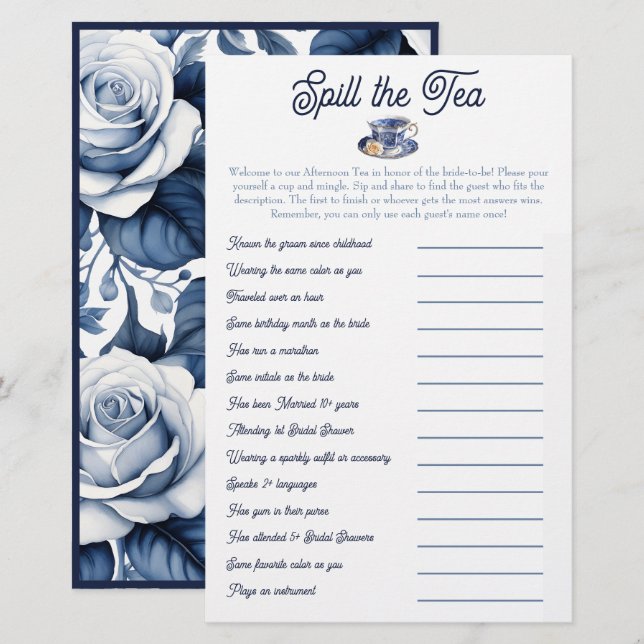 Spill the Tea: Bridal Shower Mix and Mingle Game (Front/Back)