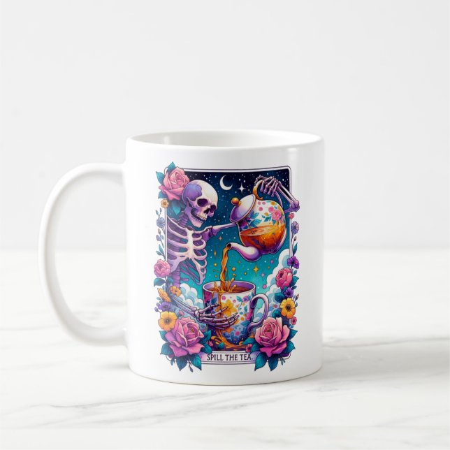 Spill The Tea Skeleton Tarot Card Coffee Mug (Left)
