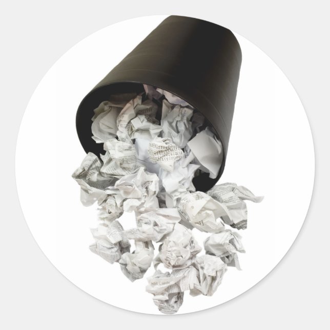 Spilled wastepaper basket classic round sticker (Front)