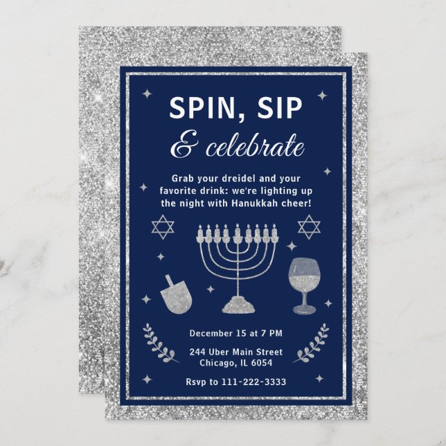 Spin, Sip & Celebrate Hanukkah Party Invitation (Front/Back)
