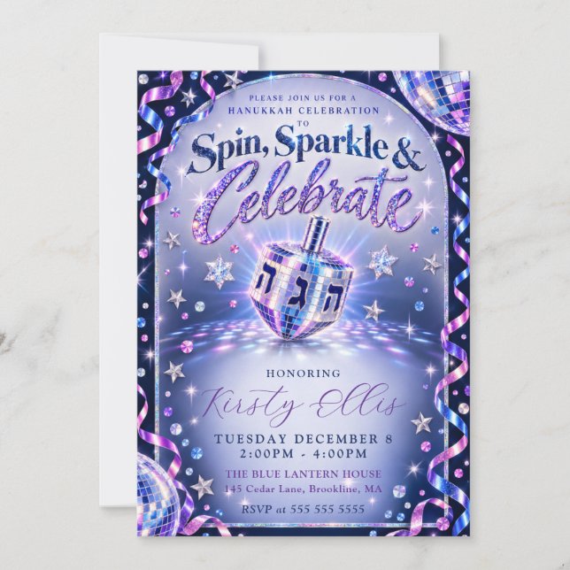 Spin Sparkle Hanukkah Invitation (Front)