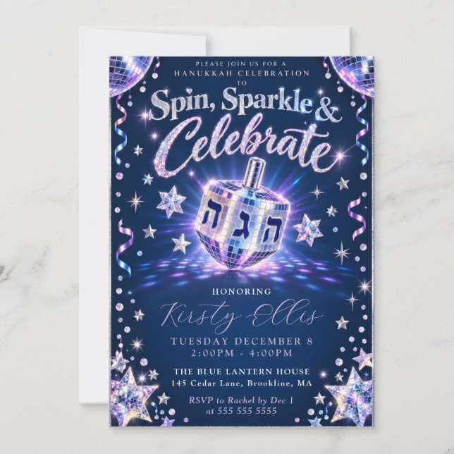 Spin Sparkle Hanukkah Invitation (Front)