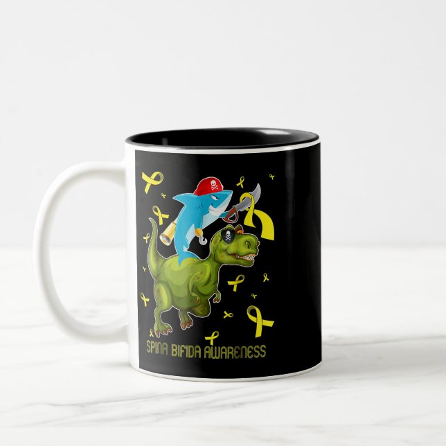 Spina bifida awareness shark and dinosaur Two-Tone coffee mug (Left)