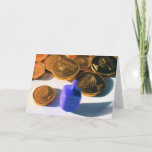 Spinning Dreidel with Gelt (chocolate coins) Holiday Card<br><div class="desc">Happy Hanukkah (Spinning Dreidel with Gelt (chocolate coins) chanukkah,  Jewish,  religion,  Holiday,  game,  children,  family,  spiritual</div>
