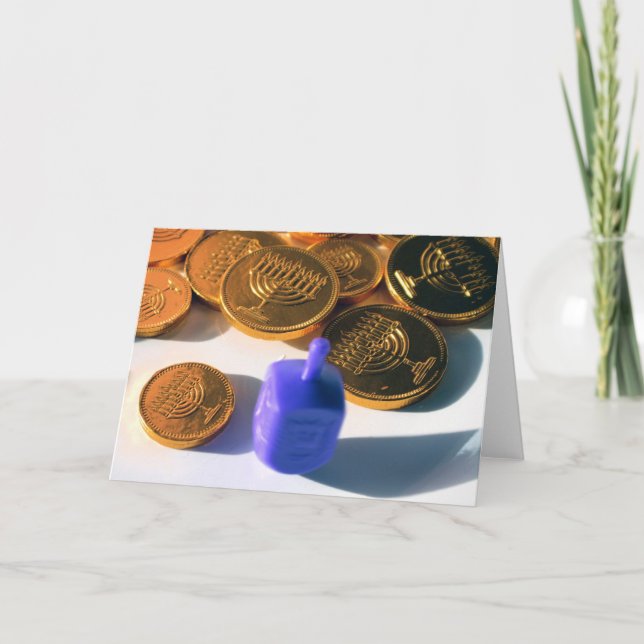 Spinning Dreidel with Gelt (chocolate coins) Holiday Card (Front)