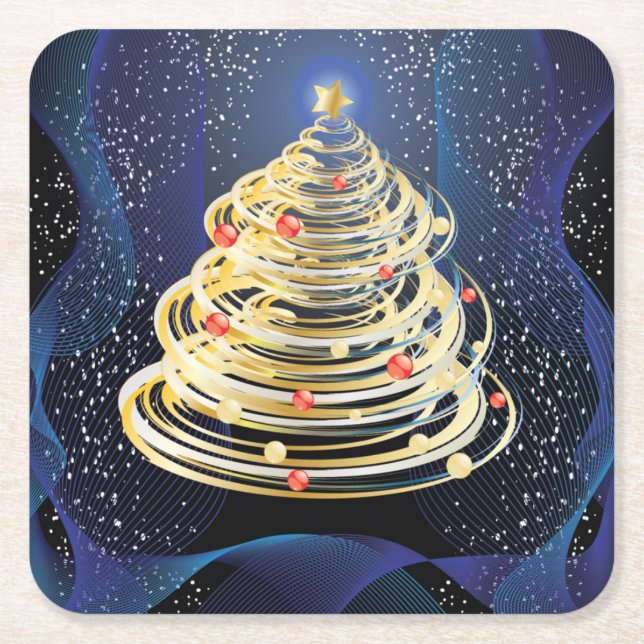 Spinning Gold Swirls Modern Christmas Tree Square Paper Coaster (Front)