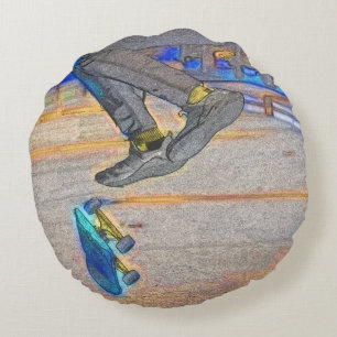 Spinning the Deck - Skateboard Trick Round Cushion
