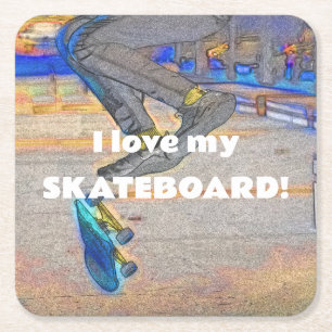 Spinning the Deck - Skateboard Trick Square Paper Coaster