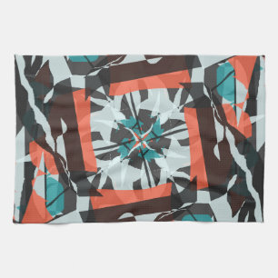 Spinning Tile Design in Orange, Black, and Aqua Tea Towel