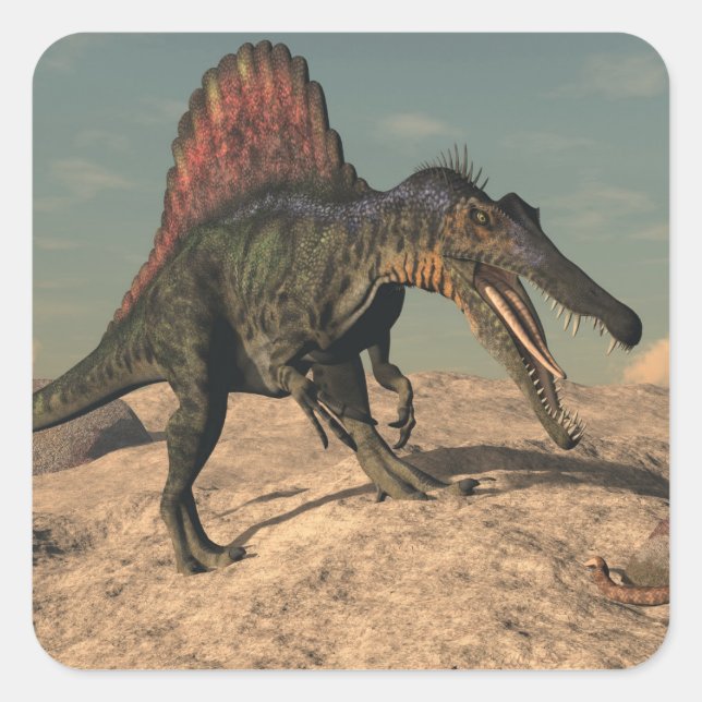 Spinosaurus dinosaur hunting a snake square sticker (Front)