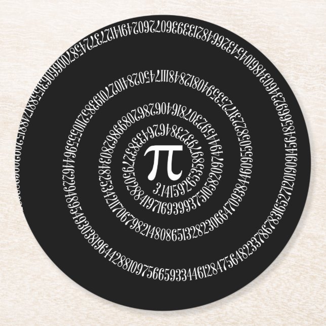 Spiral for Pi Numbers on Black Round Paper Coaster (Front)