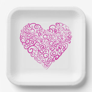 Spiral handwriting pink heart for Valentines Day Paper Plate