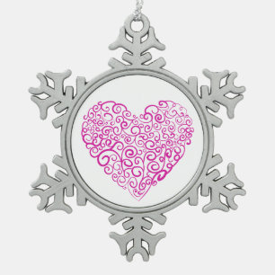 Spiral handwriting pink heart for Valentines Day Snowflake Pewter Christmas Ornament