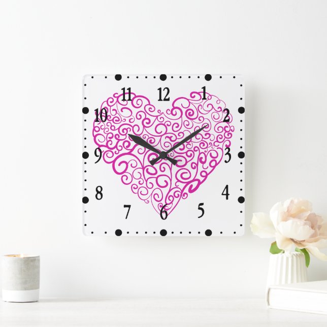 Spiral handwriting pink heart for Valentines Day Square Wall Clock (Home)