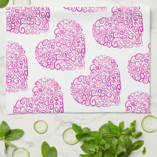 Spiral handwriting pink heart for Valentines Day Tea Towel