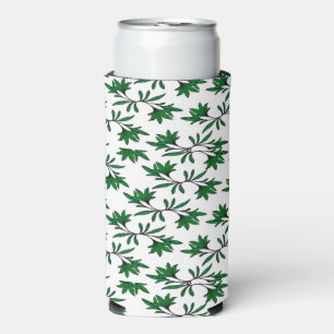 Spiral leafy green branches white seltzer can cooler