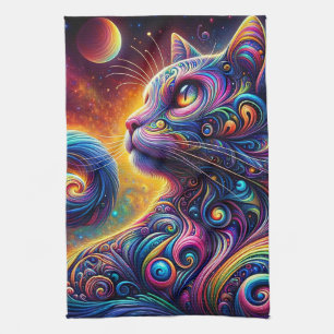Spiral Mystic Galaxy Rainbow Cat Tea Towel
