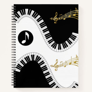 Spiral Notebook Black White Gold Music Notes