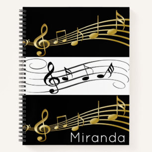 Spiral Notebook Black White Gold Music Notes