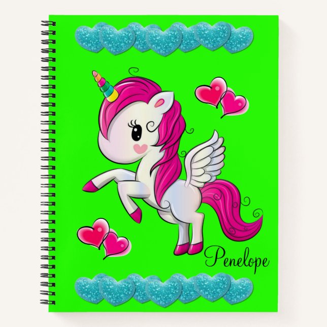 Spiral Notebook Blue Hearts Unicorn Green (Front)