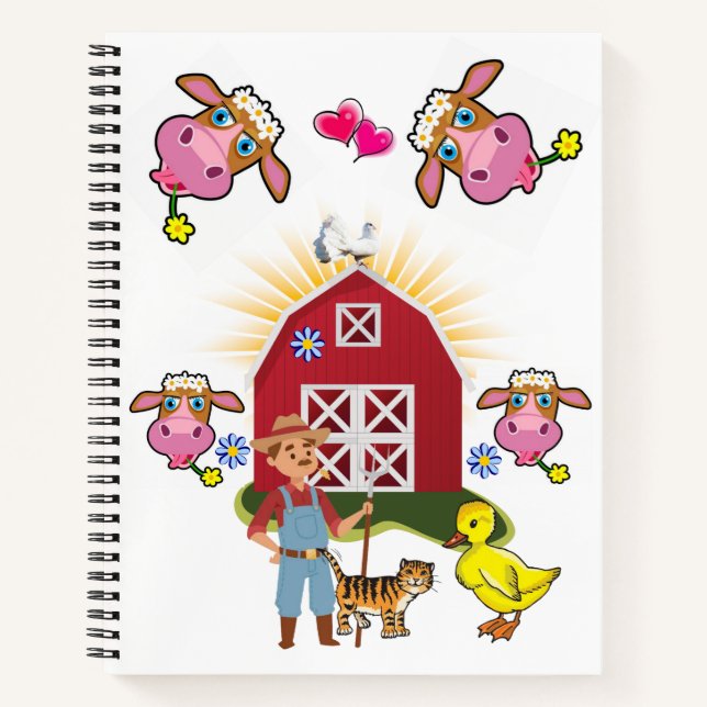 Spiral Notebook Cow Farmer Yellow Duck Cat (Front)