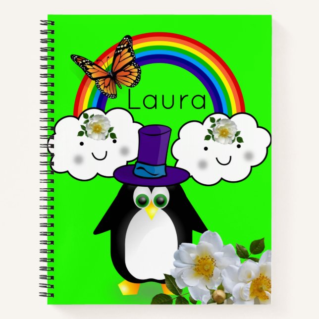 Spiral Notebook Penguin Butterfly Rainbow Floral (Front)