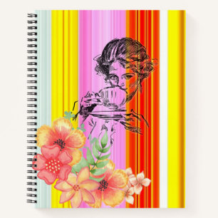 Spiral Notebook Pink Stripe Victorian Woman Floral