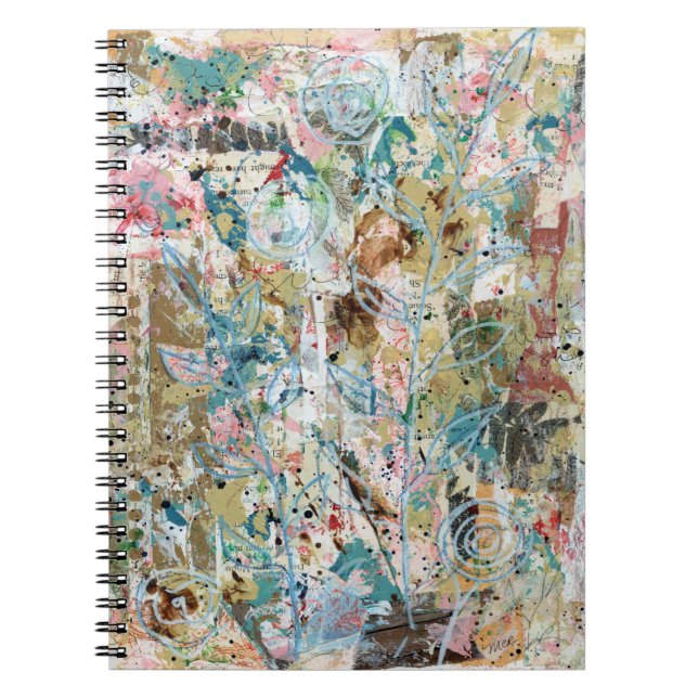 Spiral notebook with mixed media floral artwork. (Front)
