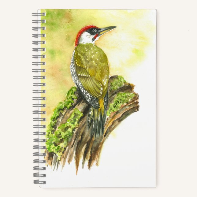 Spiral Notebook with Watercolor Green Woodpecker (Front)