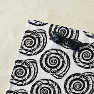 Spiral Seashell Block Print, Black and White Beach Towel