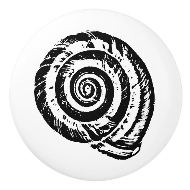Spiral Seashell Block Print, Black and White Ceramic Knob (Front)