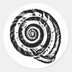Spiral Seashell Block Print, Black and White Classic Round Sticker